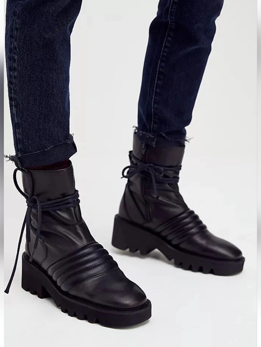Free People Tori Padded Leather Moto Boots 37 US 7 Lug Sole Side Zip Closure
